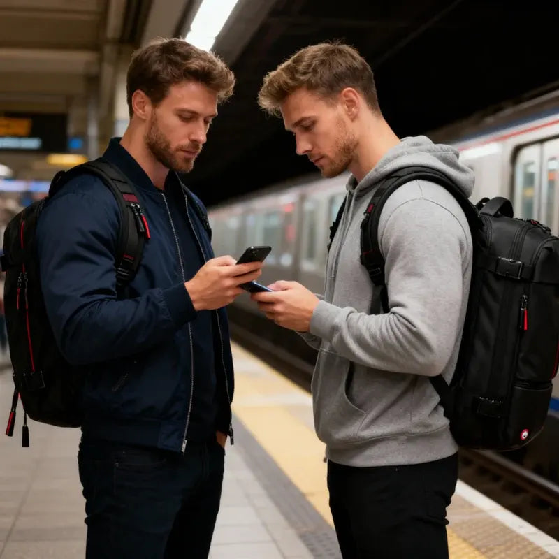 Man carrying the Fluxis Compact TravelPro travel backpack