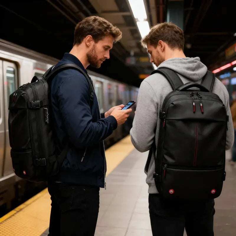 Two travelers with Fluxis Compact TravelPro carry-on backpacks