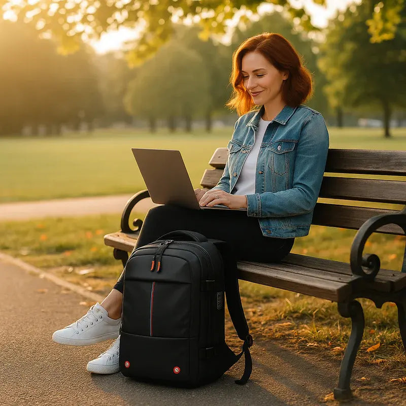 Woman carrying the Fluxis Compact TravelPro carry-on backpack